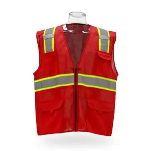 Red Safety Vest with Reflective Strips and Yellow Trim for Visibility