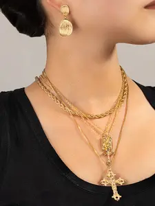 Women's Jewelry Set, Cross Pendant Necklace & Geometric Earrings, Vintage Style Layered Design, Versatile Fashion Accessory