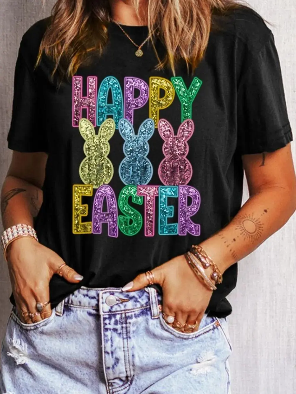 HAPPY EASTER Sequin Bunny Round Neck T-Shirt
