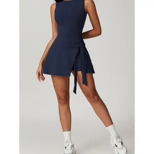 Sporty Women's Solid Color 2-in-1 Tie Front Wrap Sports Dress, Sport Sleeveless Round Neck Short Dress for Tennis Gym Workout Exercise, Ladies Sportswear for All Seasons, Tennis Dresses, Activewear, Gym Clothing, Tennis Attire