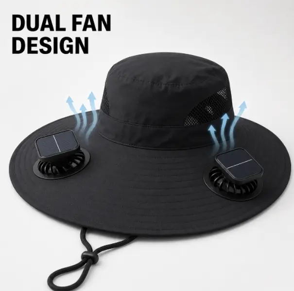 Solar Powered Fan Hat with Dual Cooling Fans, Wide Brim Sun Hat with Breathable Mesh & Adjustable Chin Strap, Outdoor Fishing Gardening Hiking Camping Hat for Men and Women