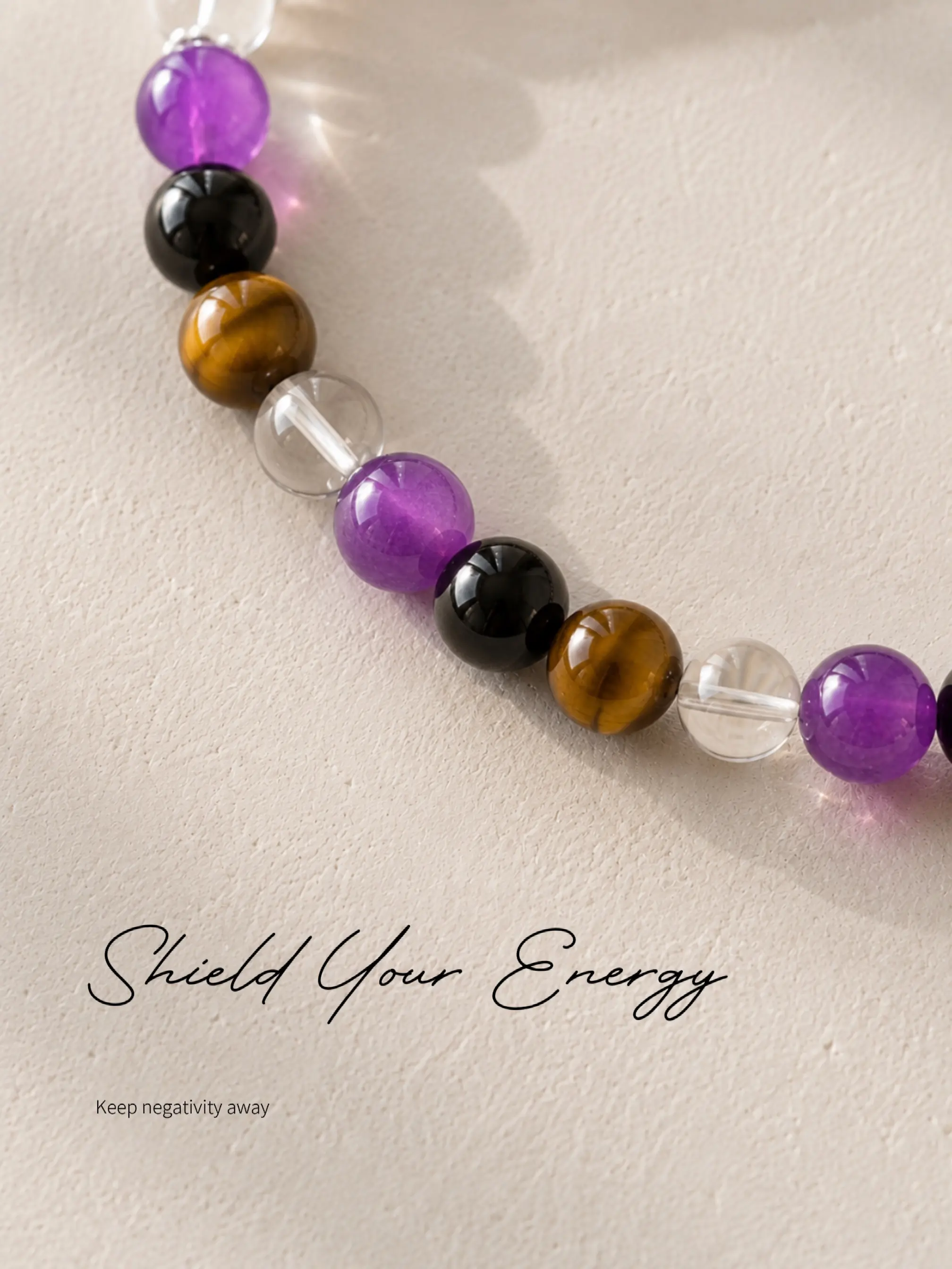 Crystal Beaded Bracelet – Purple, Tiger Eye & Black Stone