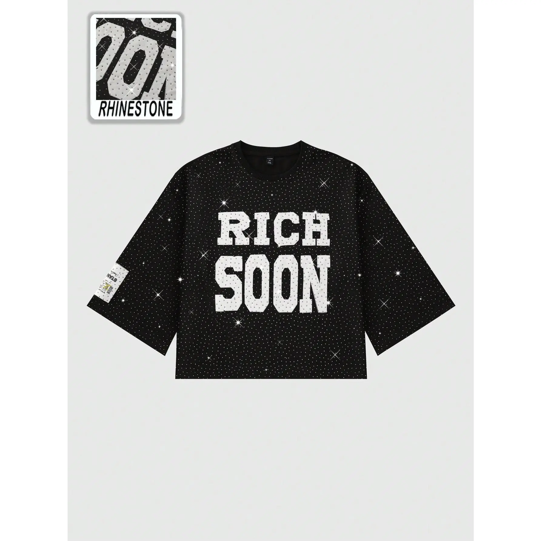 Men's Rhinestone Letter Graphic 3/4 Sleeve Soft Fabric Fall T-Shirt - Stylish Casual Mens Clothing, Rhinestone Embellishment Men's Graphic Tees, Streetwear Top Outfits Tshirt