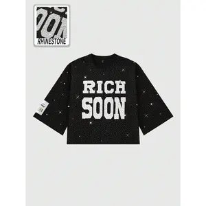 Men's Sparkling Rhinestone Letter Graphic 3/4 Sleeve Fall T-Shirt Streetwear Outfits