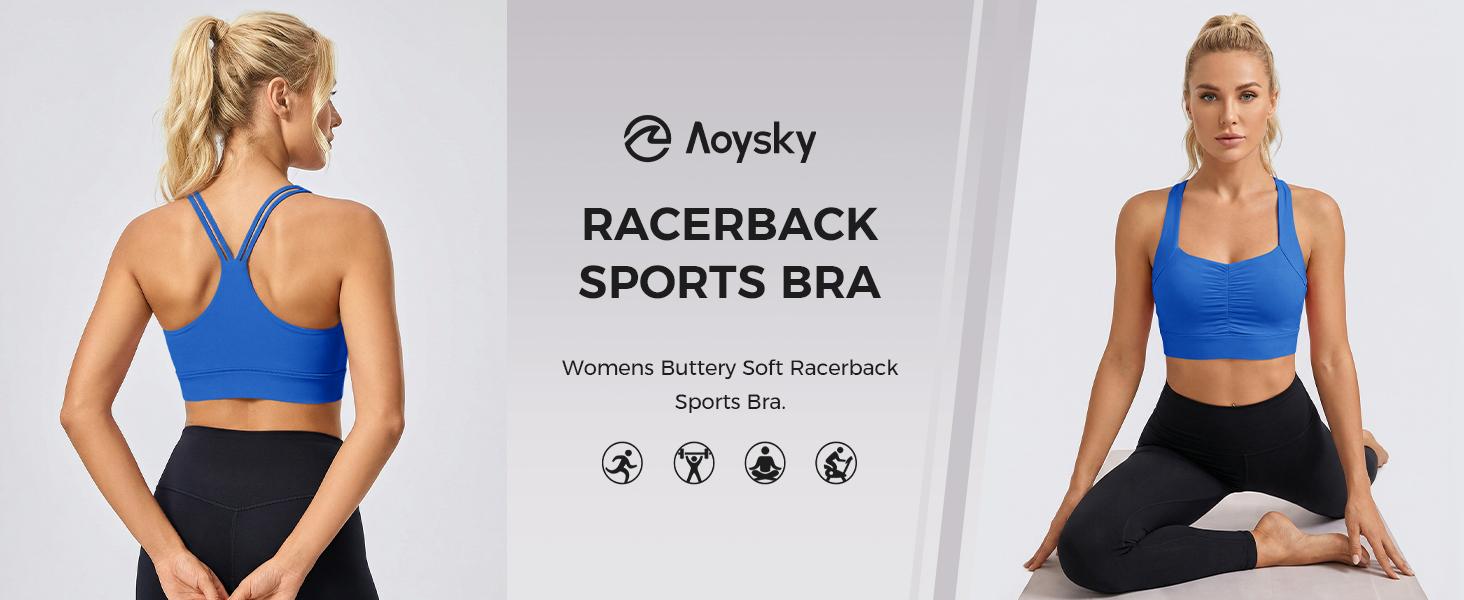Aoysky Womens Buttery Soft Racerback Sports Bra Square Neck Ruched Padded Y-Back Workout Gym Crop Tank Tops
