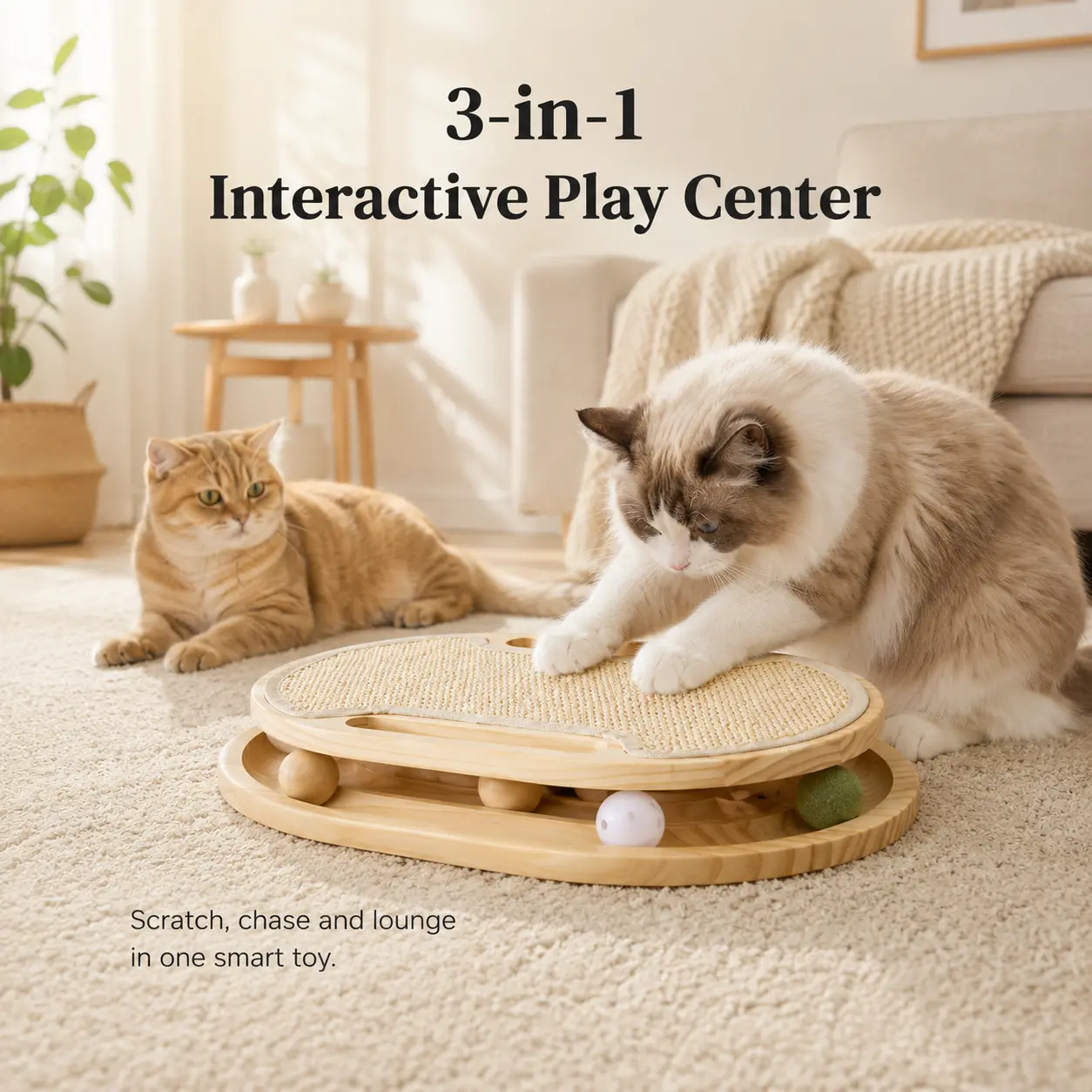 Cat Scratcher with Ball Track Toy, Sisal Scratch Pad for Indoor Adult Cats, Wooden Interactive Cat Puzzle Toys for Kitten Mental Stimulation Self Play Home Enrichment