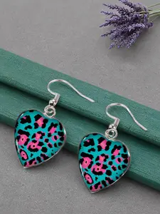 1 Pair Heart-shaped Teal & Pink Leopard Print Dangle Earrings | Color-block Animal Pattern Drop Hook Earrings for Women | Edgy Trendy Heart Jewelry