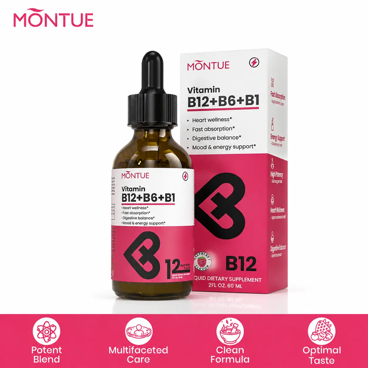 Montue Vitamin B12 Drops 5000mcg Methylcobalamin with B6 & B1, Liquid B Complex Sublingual Supplement, Raspberry Flavor, Daily Energy & Wellness Support, Vegan Non-GMO Gluten Free 2 FL OZ