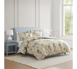 Martha Stewart Songbird Yellow/Pink  Cotton Sateen Queen Duvet