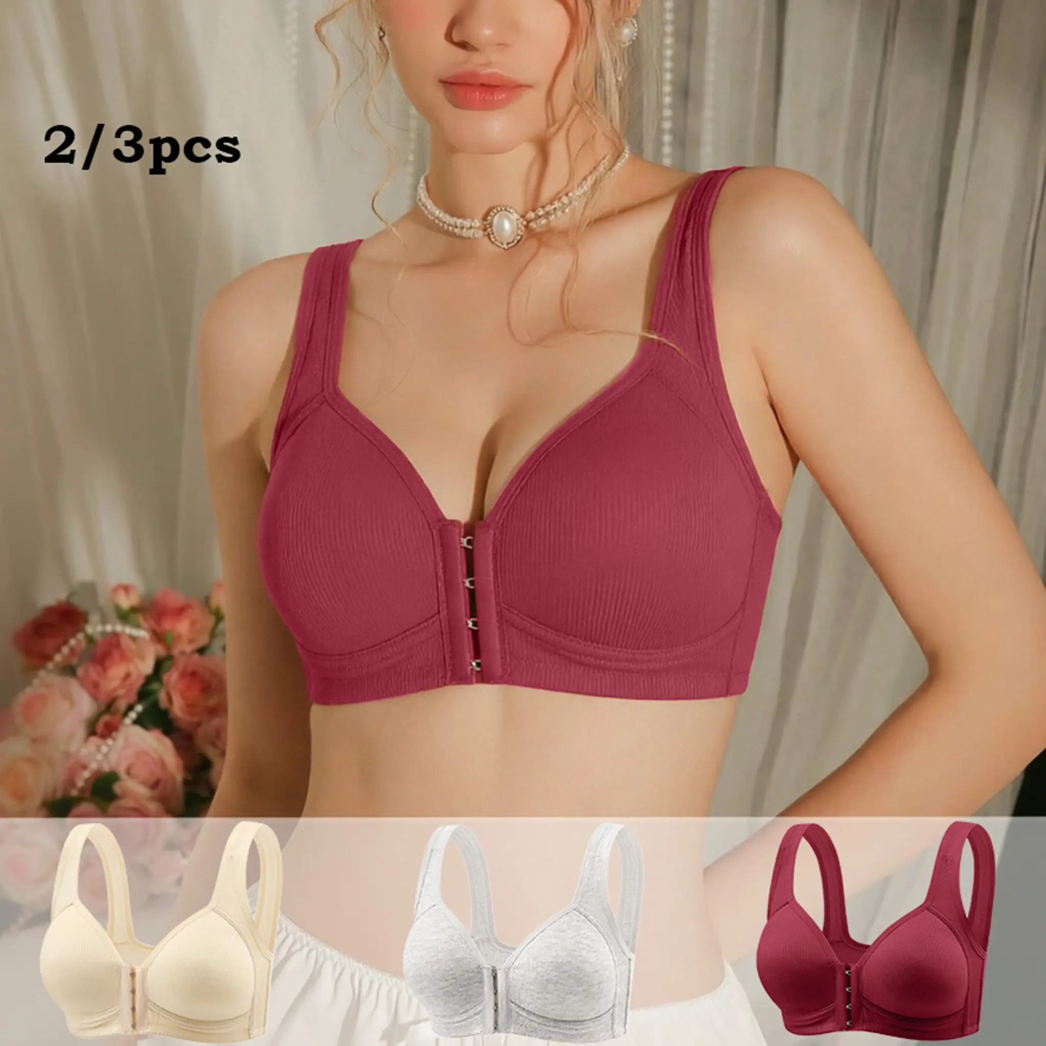 QIW adjustable front closure bra set (2 or 3 pieces), wire-free, seamless, with side support for everyday wear—comfortable for spring and summer [A] Fashion Style
