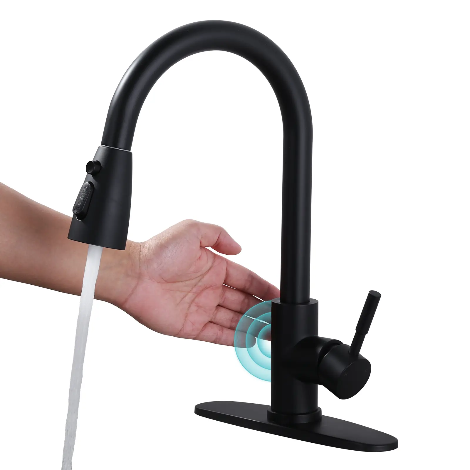 WOWOW Touchless Motion Sensor Pull-Out Kitchen Faucet with Sprayer, Single-Handle Durable Stainless Steel Matte Black Sink Faucet for 1 or 3 Hole Installations, Durable Steel, Pull Out Faucet