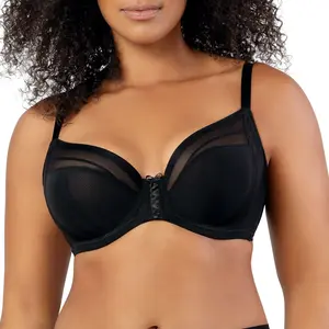 PARFAIT Shea P6062 Womenswear Full Busted Soft Stripe Pattern Lace and Breathable Sheer Mesh Fabric Plunge Unlined Comfort Wired Balconette Bra