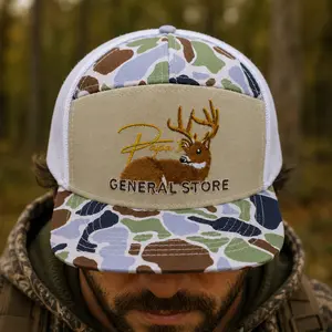 Papa Buck Camo Trucker Hat, Embroidered Deer Hunting Cap, Mesh Snapback Hat for Men, Outdoor Woodland Camouflage Baseball Cap
