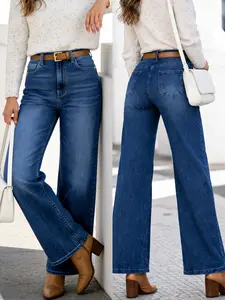 LEIJIJEANS Women's High-Waist Wide-Leg Jeans, Blue Washed Elastic Denim Pants for Spring-Fall Casual Commuter Daily Wear