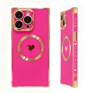 Magnetic Square Edge Shockproof Phone Case with Lens Protector Heart Design, Minimalist Style for iPhone 17 Pro max, 16plus, 15, 14, 13 junk Rustic Silicone beautiful female