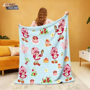 Top Seller 1pc Pink Strawberry Girl Printed Blanket Flannel Soft Comfortable Machine Washable for Sofa Bed Office Casual Use Kids Girls  Gift