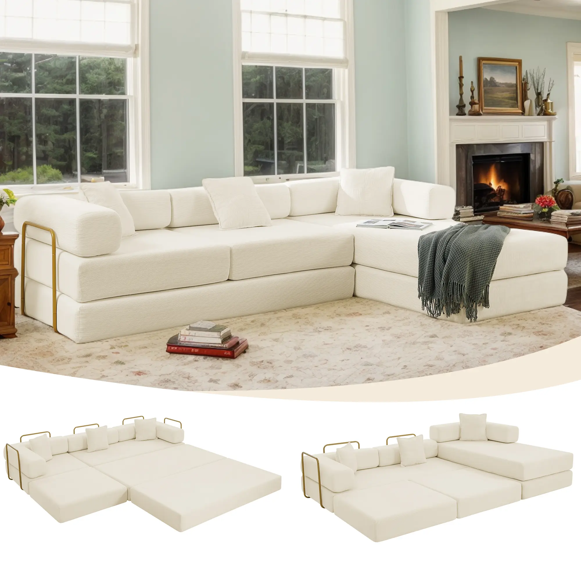 Eyisean 108" Modular Sectional Sofa Bed, Corduroy L-Shape Boneless Couch, Boneless Couches for Living Room, Futon Convertible Sofa Bed, Pull Out Couch with Fixed-Shape Frame, Sleeper Sofa, Free Combination, No Assembly Required