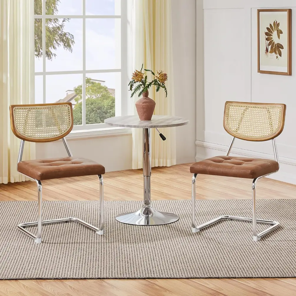 Dining Chairs Faux Leather Mid Century Dining Room Chairs Set of 2 Kitchen Chairs with Rattan Back and Upholstered Seat for Home, Kitchen, Living Room, Retro BrownRattan Chair Nordic Style Solid Wood Home Designer Dining Chair