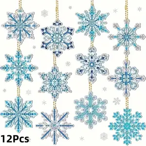 12Pcs 5D DIY Diamond Art Pendant Double sided Snowflake Hanging Diamond Painting Keychain Christmas Party Decoration DIY Decorations DIY Ornament