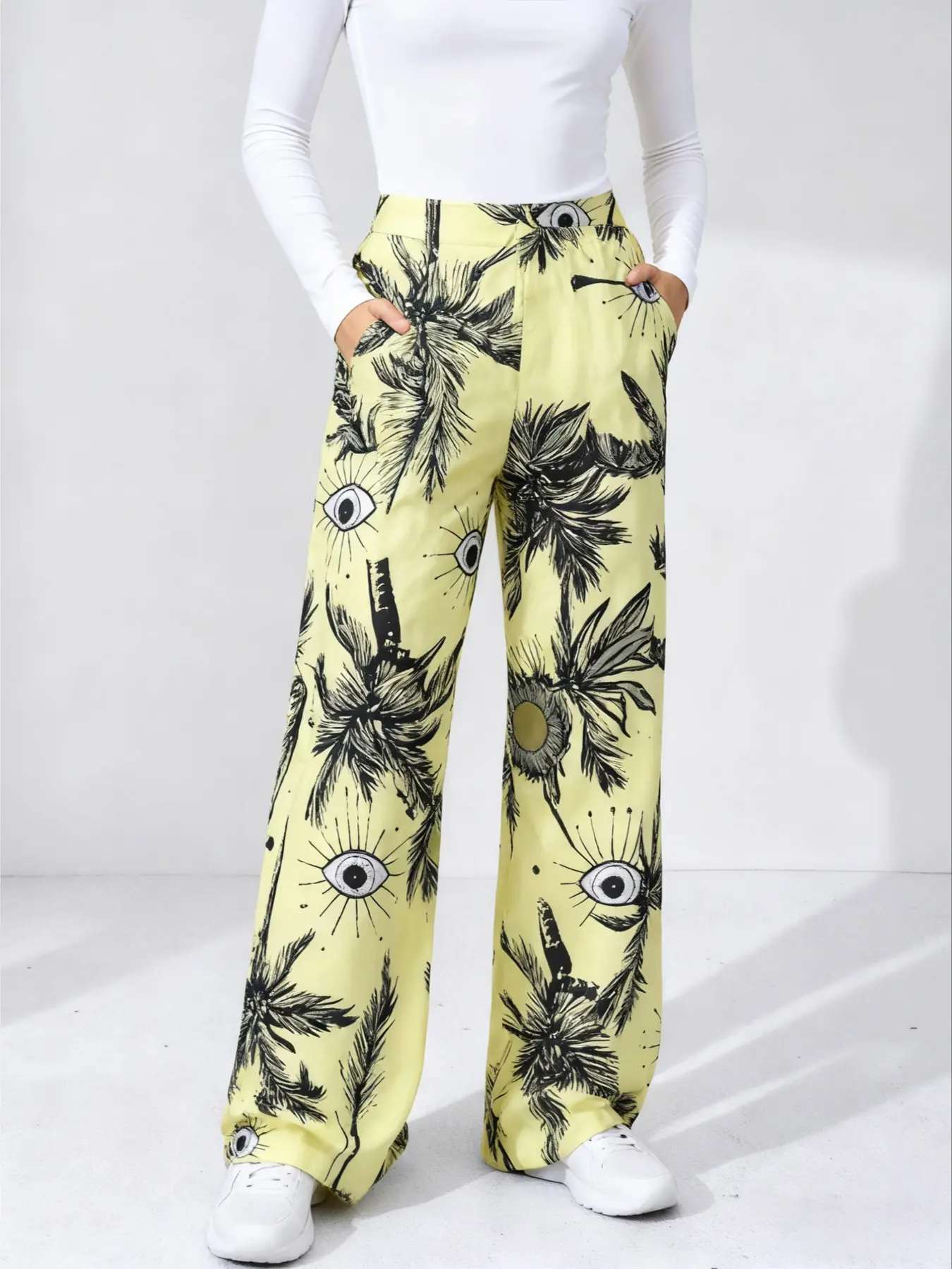 Bohemian street style women's printed sporty Casual Comfy Elastic wide-leg pants - elastic waistband, side pockets - showing a youthful and energetic style for daily wear #Y2K outfit #fashion Douyin, Instagram: #street style fashion
