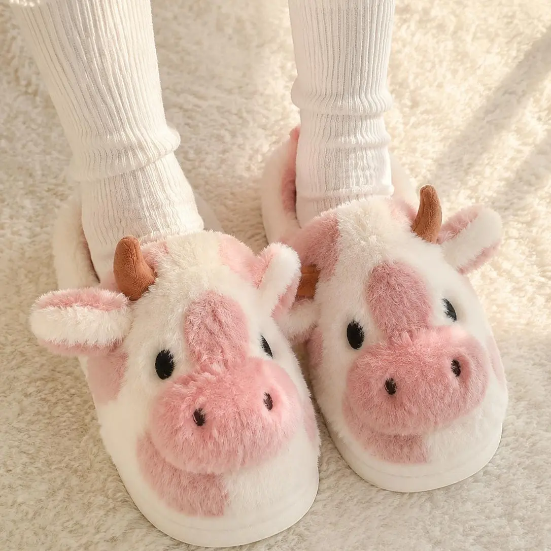 Fluffy Cute Cow House Slippers for Women & Men, Warm Plush Animal Fuzzy Slippers, Soft Non-Slip Winter Bedroom Shoes, Aesthetic Cozy Slip On Mules