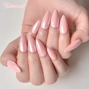 Cream Blush Handmade Press-On Nails, Glossy Fake Nails | Medium Almond Shape, 10pcs Handmade | Solid Color High Gloss Finish | Reusable DIY Manicure Nail Kit for Women Daily Office Wear | False Nails Long Lasting & Easy Apply