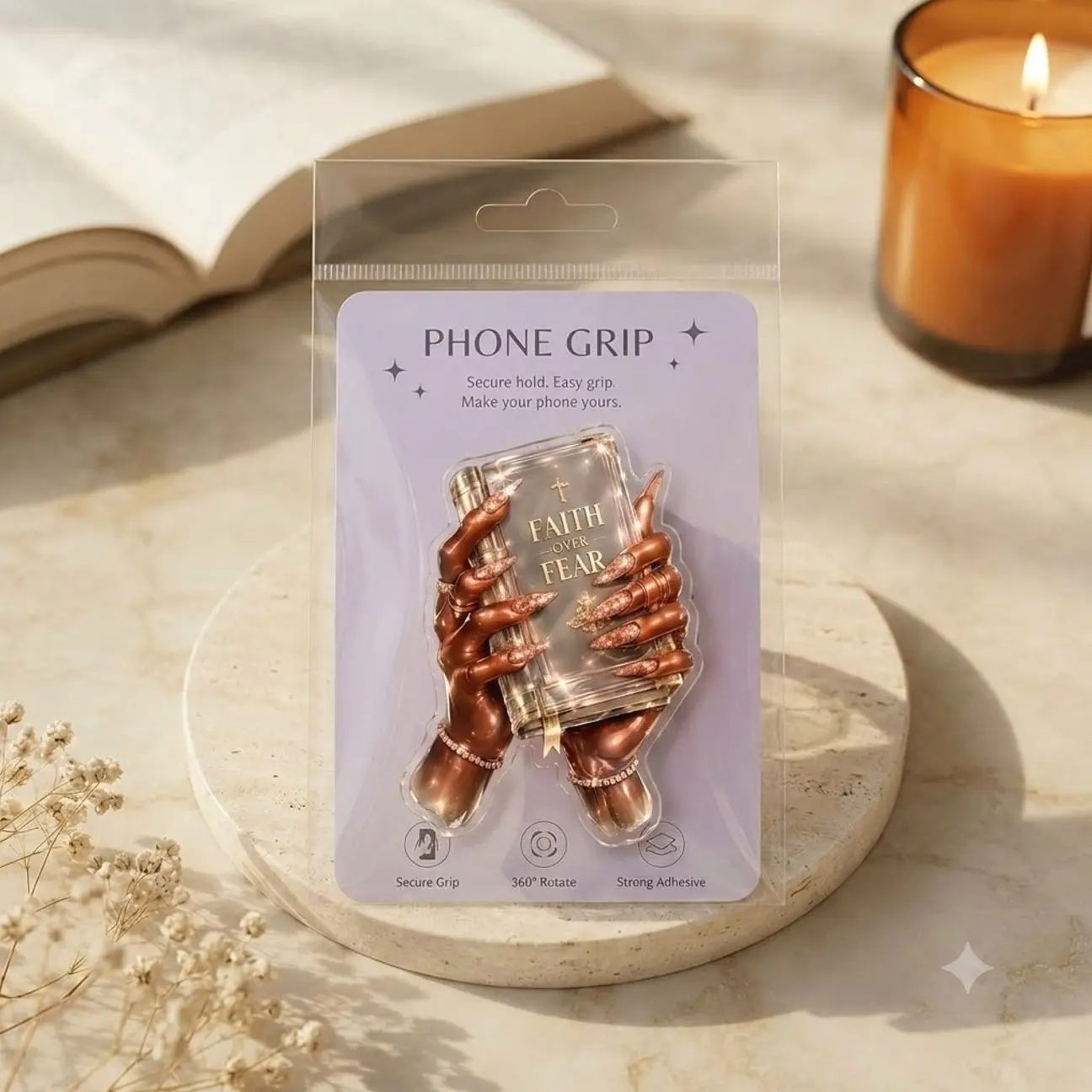 Phone Grip Faith Over Fear Design, Elegant Praying Hands Holding Bible Holder Christian Gift for Her Trendy Accessory