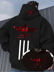 Men's New Casual Hoodie, Alpha Industrials Functional Style, Letter Print, Elastic Fabric, Kangaroo Pocket, Fall & Winter