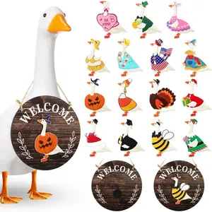 16 count Interchangeable Porch Goose Welcome Sign Seasonal Holiday Goose Sign with Wooden Holiday Geese  for 23"Cement Plastic Porch Geese Outdoor Statue Patio(Dark Brown,Round)