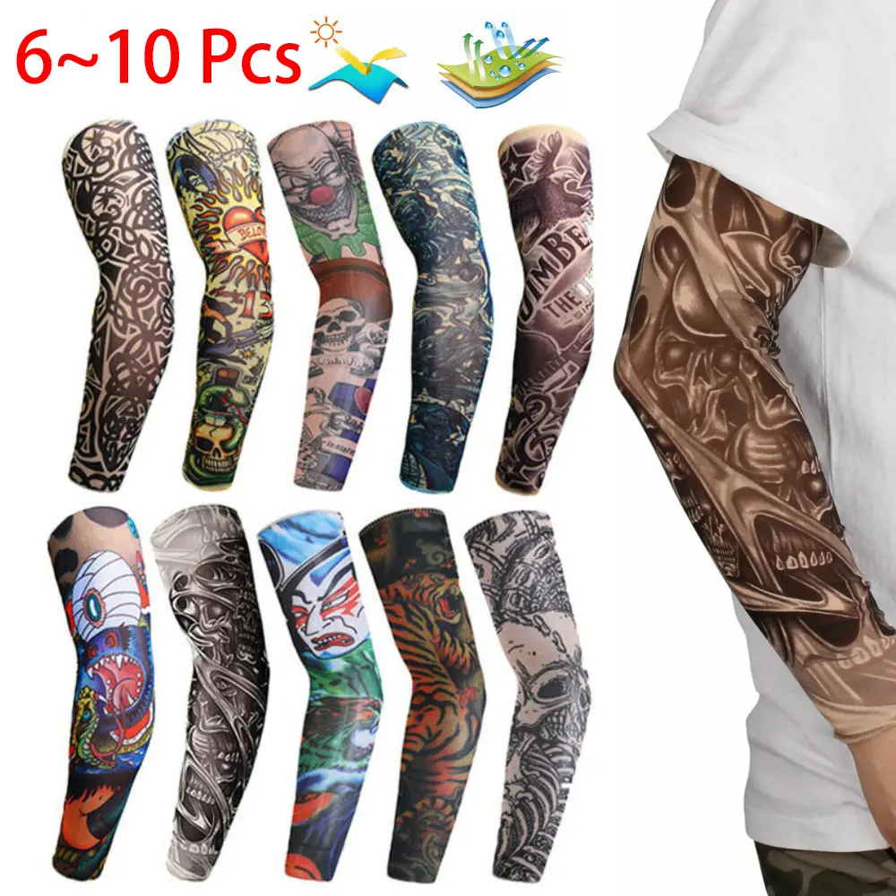 Ice Silk Tattoo Sleeves for Men Women – 6-10Pcs Cooling Sun Protection Arm Sleeves, Stretchy Breathable Fake Tattoo Cover, Hip Hop Style Accessories for Party Halloween