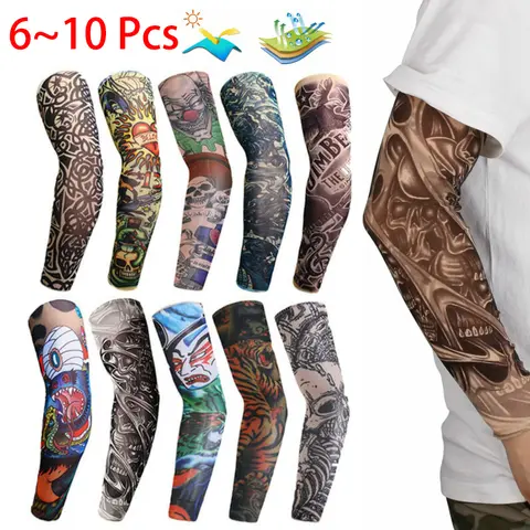 Ice Silk Tattoo Sleeves for Men Women – 6-10Pcs Cooling Sun Protection Arm Sleeves, Stretchy Breathable Fake Tattoo Cover, Hip Hop Style Accessories for Party Halloween