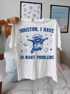 Women's Cartoon Bear Astronaut & Letter Print Drop Shoulder Tee, Casual Half Sleeve Round Neck T-shirt for Summer, Fashion Women's Top for Daily Wear