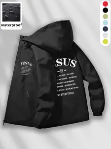 Men's Multi-Color Jesus Text Print Hooded Windproof Waterproof Jacket, Outdoor Zipper Jacket, Zip Design, Outdoor Clothing for Hiking, Camping, Travel
