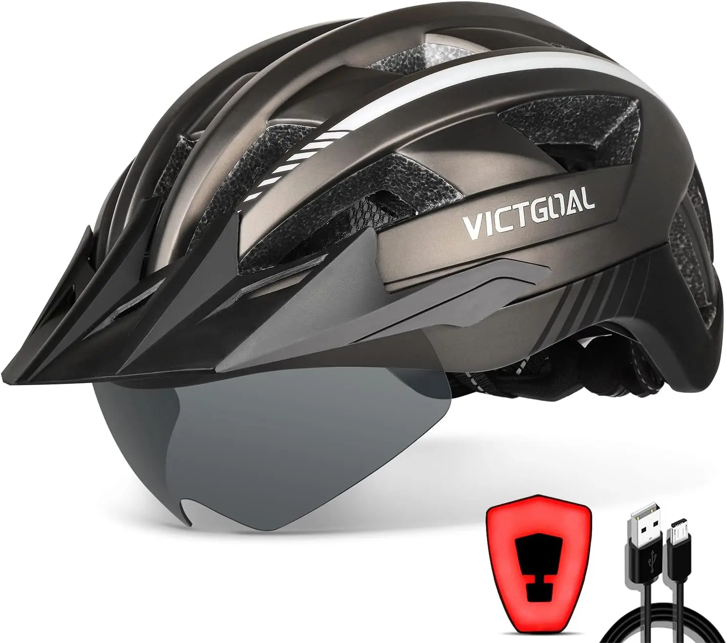 VICTGOAL Bike Helmet Adult Men Women with LED Rear Light, M/L/XL Sizes | 3 Modes Rechargeable Rear Light, Magnetic Goggles, Removable Sun Visor, 54-63Cm Range for Adult Youth Outdoor Road Cycling