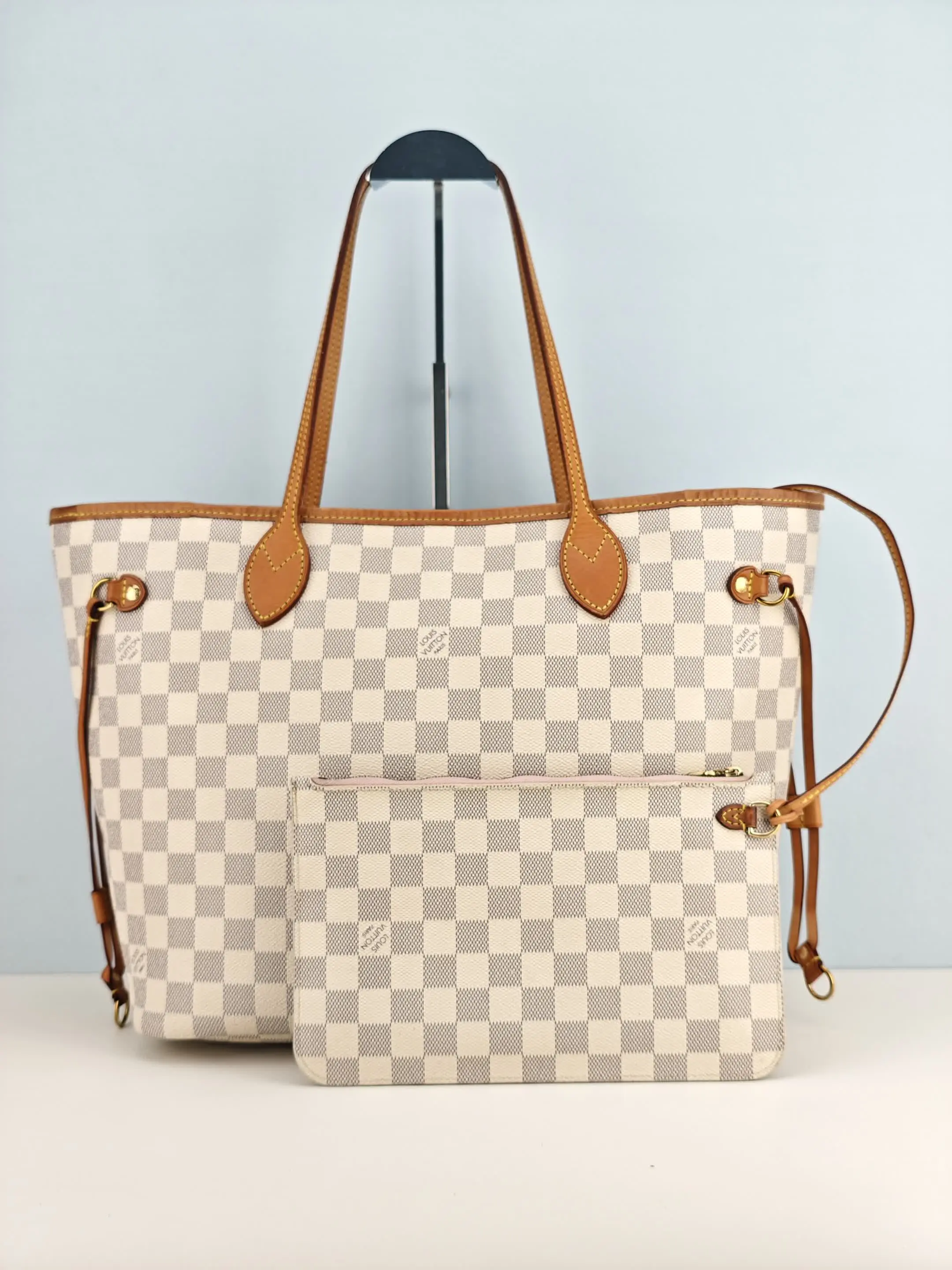 Pre-owned Damier Azur coated canvas Tote Bags Louis Vuitton Neverfull MM Damier Azur Canvas Shoulder Bag With matching pouch【FL3168】