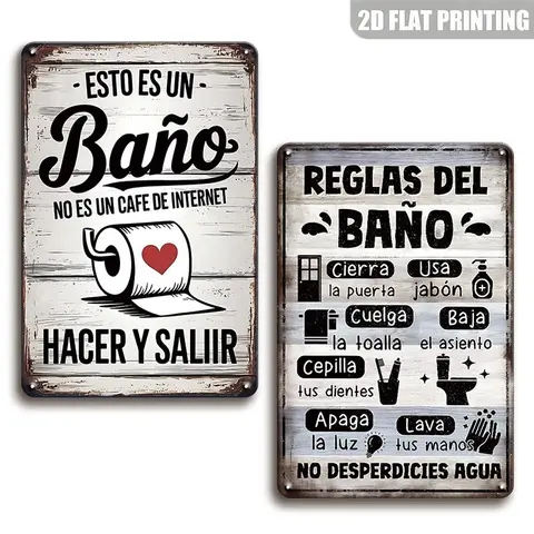 Farmhouse Country Rustic 2-Piece Spanish Humor Bathroom Wall Decorative Signs, Funny "Bathroom Rules" Vintage Toilet Plaques, Easy-Mount Character-Based Fun Adult Gift