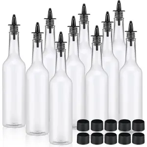 10 Sets 15oz Plastic Liquor Bottles with Pourers, Reusable Leakproof Long Neck Plastic Syrup Bottles with Pourer and Caps for Home Party Bar, Black