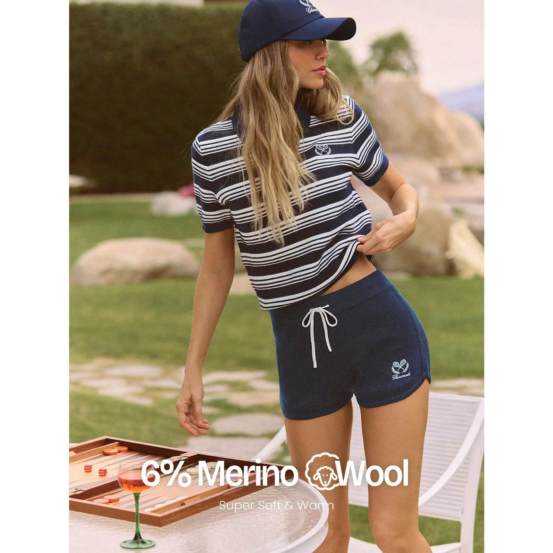 GLOWMODE Rib Knit Rally & Glow Soft Comfy Elastic Waist Logo Embroidery Adjustable Drawstring Thigh Length Slim Fit Shorts Tennis Golf Pickleball Daily Casual Wear