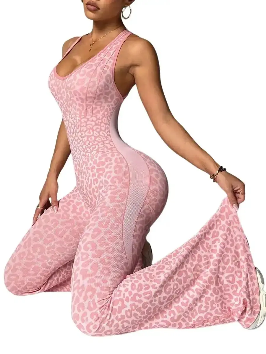 Women's Effortless Leopard Print Open-Back Flare Jumpsuit - Tummy Control Tight-Fitting& Gym Workout Pants One-Piece Outfit & Fitness Womenswear summerwins, tailored comfort, sleek line, flattering drape
