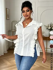 Women's Plus Size Sleeveless Button Blouse, 3D Floral Decoration, Lace Up Design, Fitted, Casual Office & Daily Wear