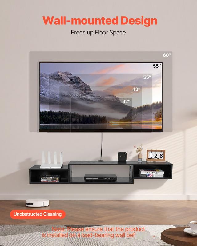 Floating TV Stand And 59-Inch Wall Mount Entertainment Center With Power Outlet And Cable Hole, Modern Floating TV Shelf With Built-In Storage Cabinet For DVD Player, Cable Box, Game Console, AV Equipment, Black