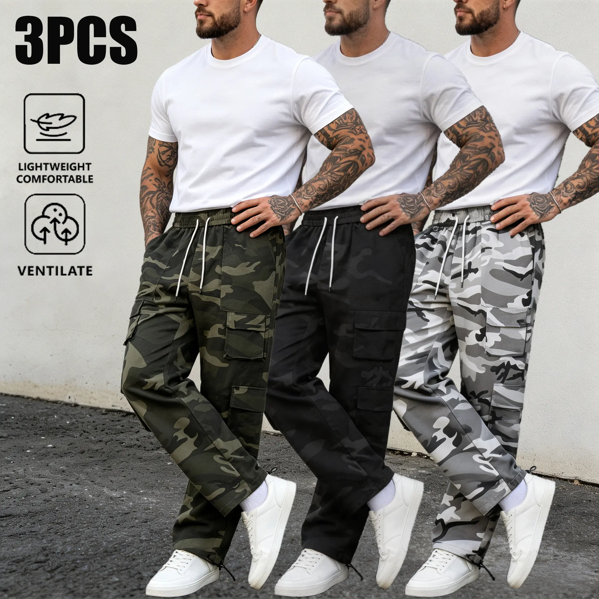 Men's Personalized 3-Pack Cargo Pants - Fashion Retro Camouflage Menswear, Elastic Mid Waist with White Drawstring, Multiple Pockets, Cuffable Legs, Street Athletic for Outdoor & Everyday Wear