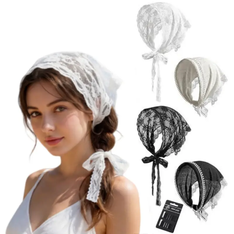 4pcs Lace Head Scarf for Women, Floral Crochet Triangle Headband, Vintage Sheer Lace Hair Bandana with Ties, Retro Lace Headwrap for Bridal, Beach, Photoshoot