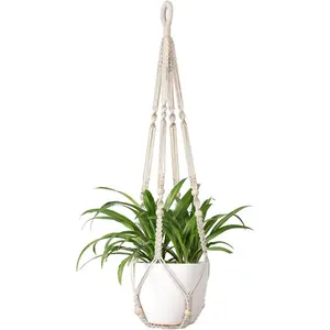 Macrame Plant Hanger Indoor Hanging Planter Basket with Wood Beads Decorative Flower Pot Holder No Tassels for Indoor Outdoor Boho Home Decor 35 Inch, Ivory, Set of 1 (POTS NOT Included)