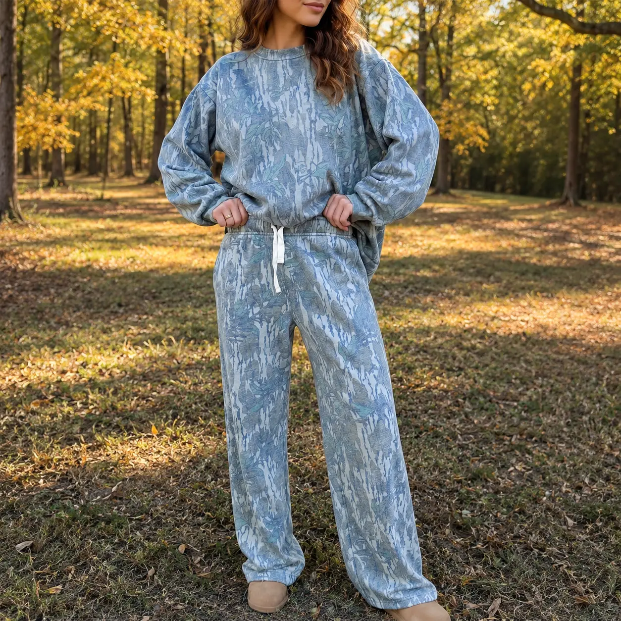 Women’s Abstract Print 2 Piece Casual Set Crew Neck Long Sleeve Pullover & Drawstring Wide Leg Pants with Pockets