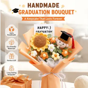 Handmade Crochet Graduation Bouquet with Mini Doll, Sunflower Knitted Eternal Flowers & Gift Bag, Special Keepsake for 2026 Grad Seniors, College High School Student Home Decor