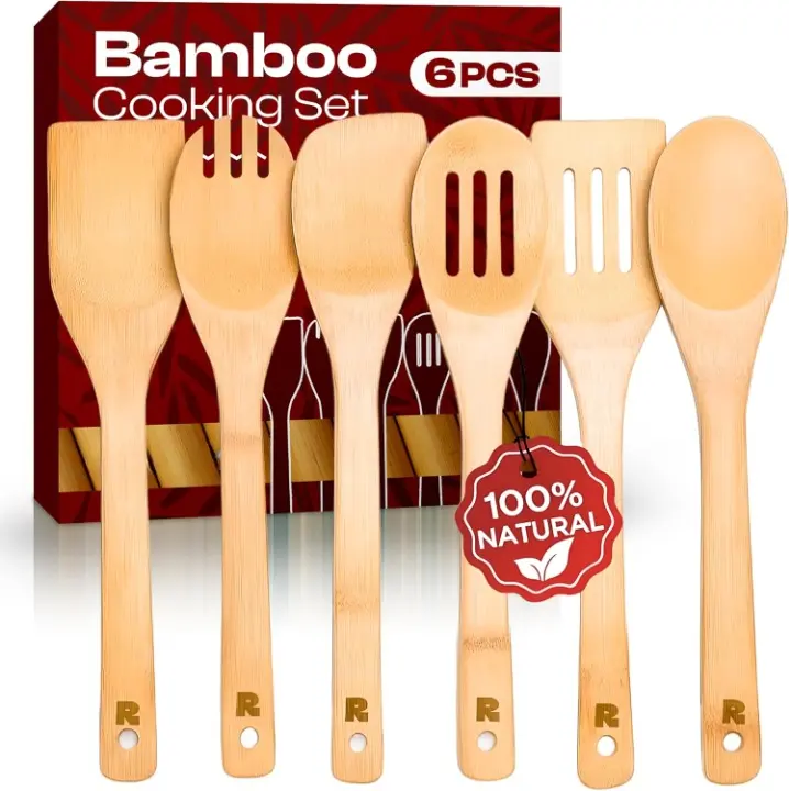 Set Of 6 Bamboo Cooking Spoons  – Wooden Cooking Utensils Set with Wooden Spoons for Cooking & Spatulas Wooden Utensil Sets – Premium Kitchen Utensils Set – Durable First Apartment Essentials