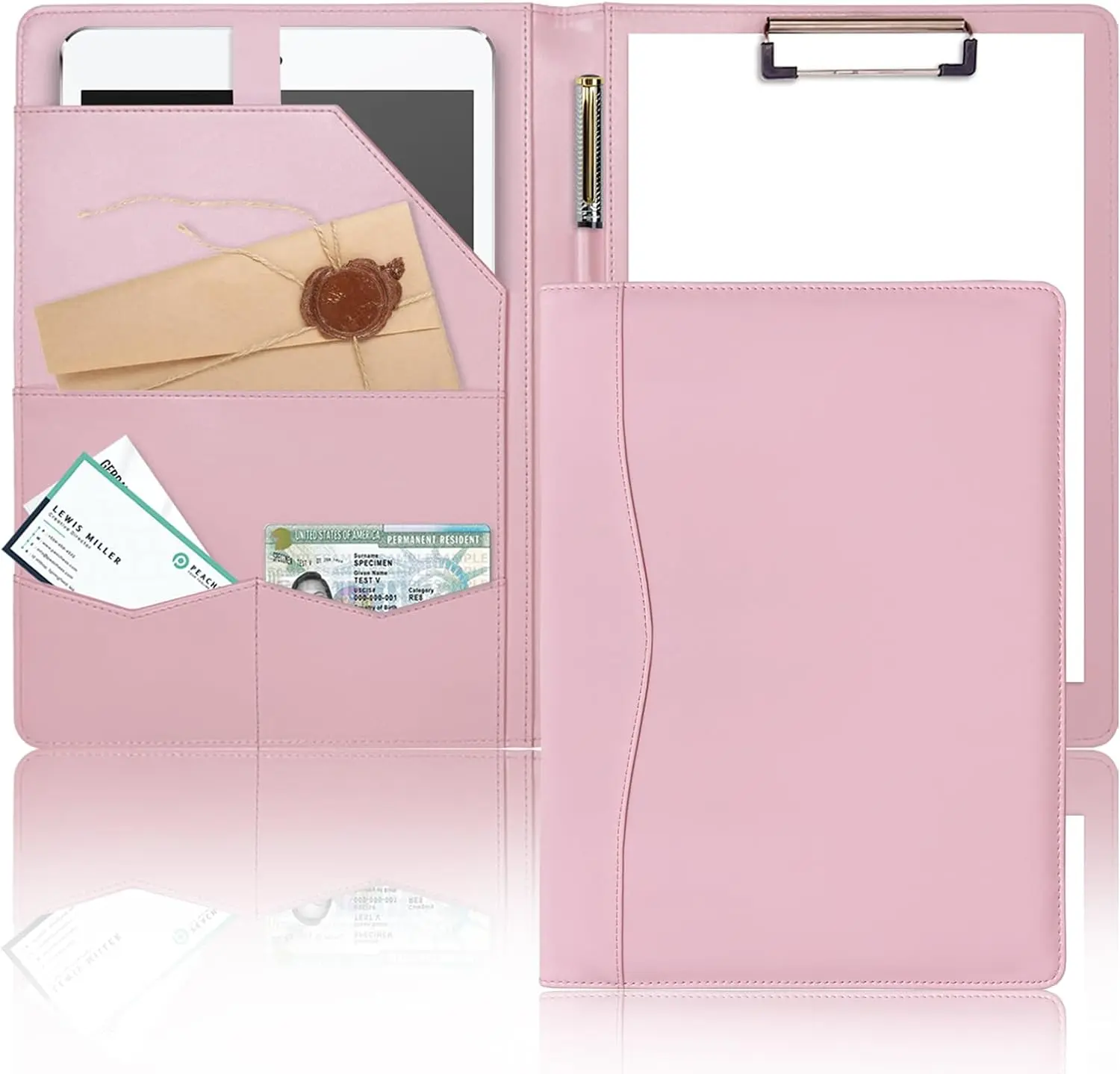 Padfolio Portfolio Binder, Leather Clipboard Folder Binder with Cover A4 Pink Folder with Pockets For School and Office