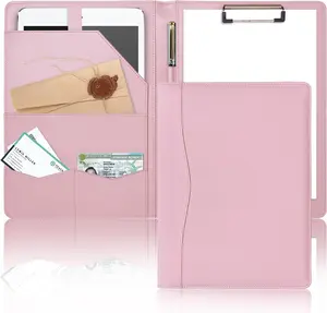 Padfolio Portfolio Binder, Leather Clipboard Folder Binder with Cover A4 Pink Folder with Pockets For School and Office
