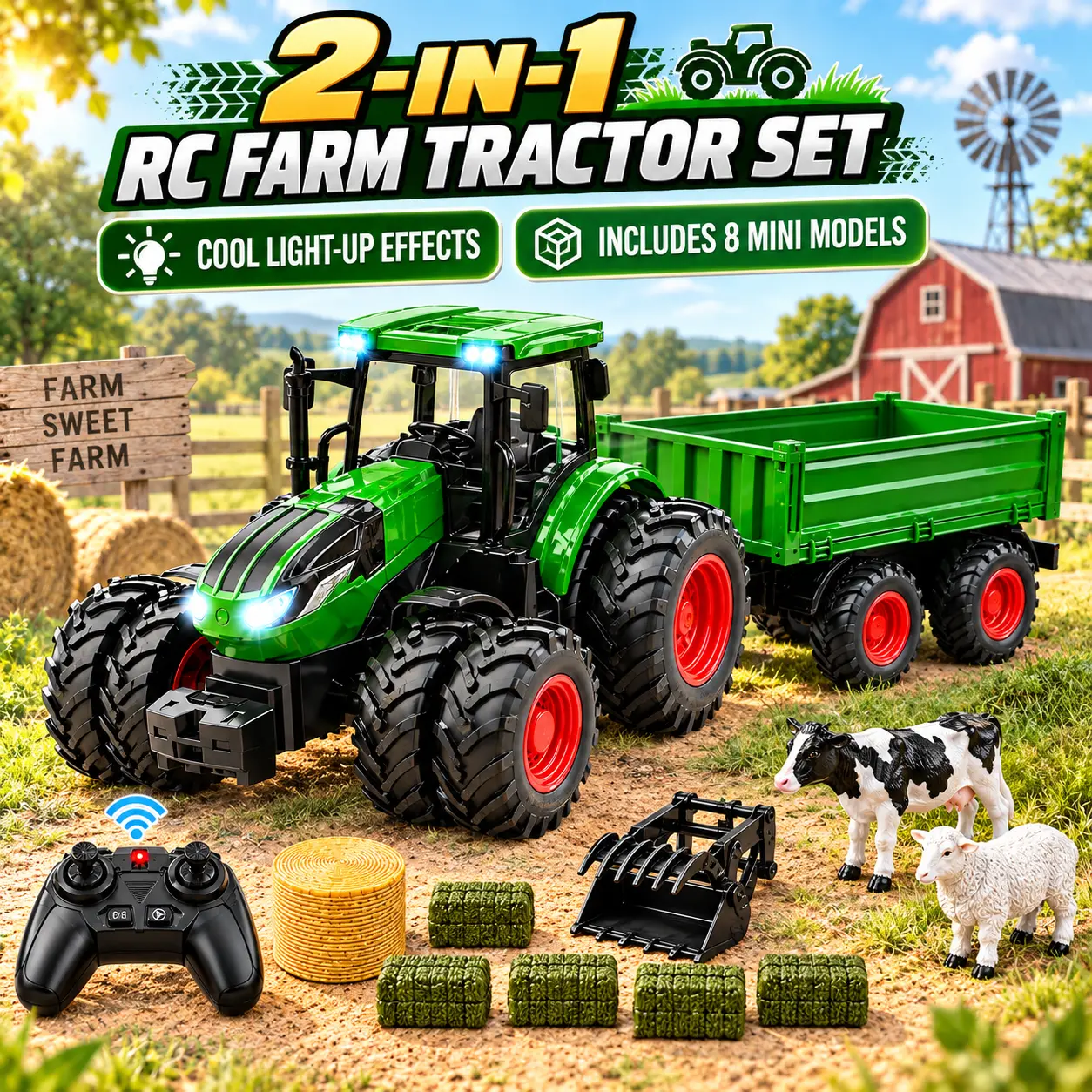 RC Farm Tractor Toy with Trailer, Remote Control Tractor Set, 2.4GHz RC Farm Vehicle, Adjustable Loader & Dump Trailer, 8-Wheel Design, LED Lights, Rechargeable Battery, 8 Farm Accessories Including Animals & Hay Bales, Gift for Kids Ages 3-9